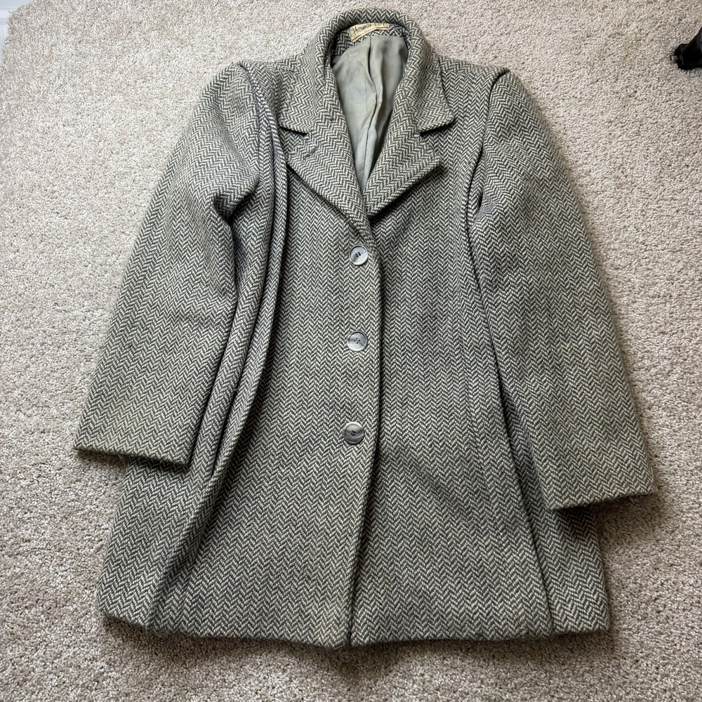 Vintage Herman Kay Coat Womens Small Gray Wool Herringbone Tweed Lined